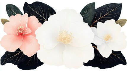 Wall Mural -   Two white flowers with pink leaves on a white background with black leaves and one pink flower with green leaves