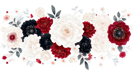 Poster -   Picture of several flowers against white backdrop, featuring red, white, and black petals and foliage