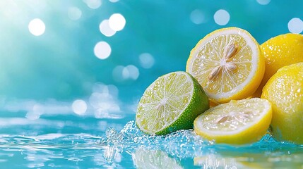 Wall Mural -   A group of lemons arranged on a blue background with droplets of water splashing around them