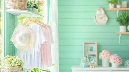  Green walled room, white dresser, white hat on rack, window view