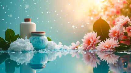 Poster - A soothing arrangement of bath products like lotion and a scrub in soothing colors, accompanied by soft flowers and gentle water droplets, creates a calming atmosphere