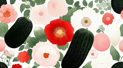 Poster -   A white background with a pattern of colorful flowers and foliage in hues of red, pink, green, and white