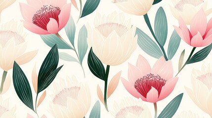 Wall Mural -   Pink and White Flowers with Green Leaves on White Background