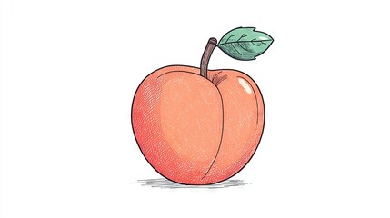 Poster -   A sketch of a peach with a protruding leaf against a pure white backdrop