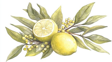 Wall Mural -   A watercolor painting depicts lemons on a white background with surrounding foliage, including leaves and berries on a branch