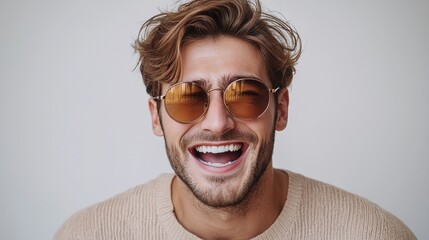 A young man wearing stylish sunglasses smiles broadly while posing against a neutral backdrop indoors during daylight