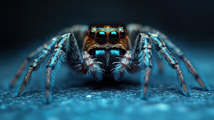 A close-up portrait of a jumping spider with large, prominent eyes, facing the camera.