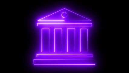 Bank icon animation by purple neon on black background.