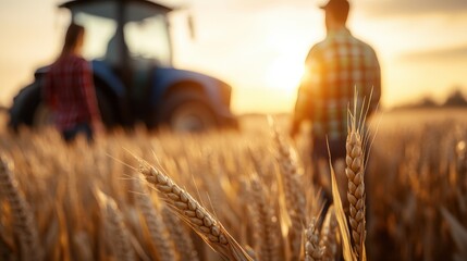 Two farmers, silhouetted against a golden sunset, stand amidst a field of ripened wheat, with a blue tractor in the background, embodying rural life and harvest time.