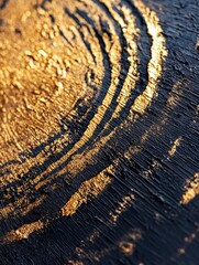 Poster - A close-up view showcases intricate swirling patterns of gold paint against a deep black background, highlighting the texture of the artwork