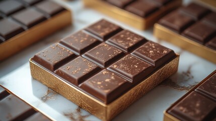 A close-up of an elegant chocolate bar on a decorative surface.