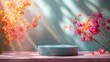 © Alienmarsh - A serene display featuring colorful flowers and a circular pedestal, ideal for showcasing products.