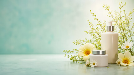 Poster - Two beautifully designed skincare containers are surrounded by fresh flowers, creating a tranquil atmosphere perfect for relaxation and self-care