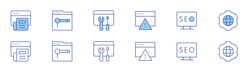 Seo icon set in two styles, Duotone and Thin Line style. Editable stroke. article, caution, seo, searching, maintenance, global