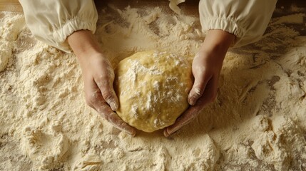 A pair of hands skillfully kneads a ball of dough amidst a fine layer of flour on a wooden countertop in a warm kitchen, suggesting preparation for baking