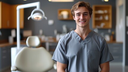 Young dental assistant smiles in a modern clinic during the day, ready to assist patients with dental care