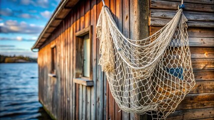 Wall Mural - Stock photo of a long shot fyke net hanging on the side of a fishing hut