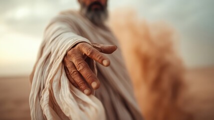 An elder figure draped in flowing robes is depicted reaching out, offering both a challenge and a connection in a vast desert landscape, invoking timeless wisdom.