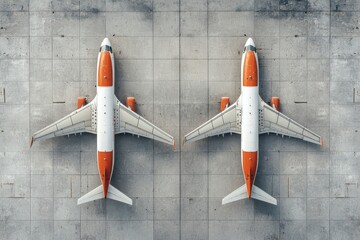 Top view of two orange and white airplanes parked symmetrically in a hangar