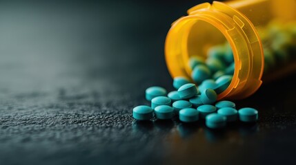 An image showing a variety of blue pills spilling from an orange medication bottle, placed on a dark surface, illuminated with subtle lighting effects.