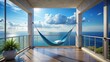 © methinee - Stunning blue balcony overlooking ocean with cozy amaca swinging in gentle breeze