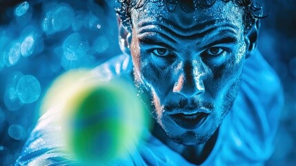 Close-up portrait of a focused male tennis player in action under dramatic lighting during a competitive match