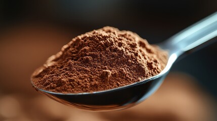 Exploring the Rich Texture of Cocoa Powder on a Spoon - High-Resolution Image with Blurred Background Showcasing Fine Quality