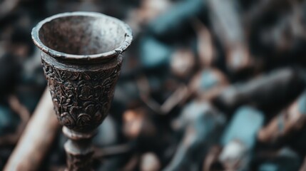 A vintage brass goblet stands prominently against a dense and abstract background, symbolizing nostalgia and historic elegance in its artistic portrayal.