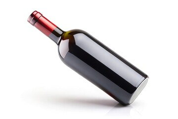 Wall Mural - Red wine bottle with label isolated on white background at a tilted angle