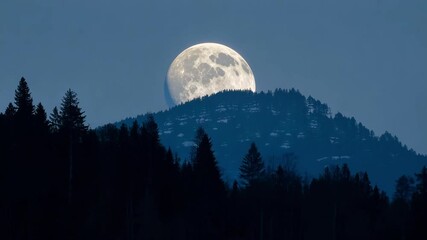 Wall Mural - bright moon rises over a mountain peak, silhouetted by a dark forest. the scene is serene and magica