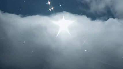 Wall Mural - The sun is shining through a break in the clouds, creating a star shaped effect with airplane contrails visible in the distance