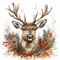 Wall Mural - Majestic deer with antlers surrounded by a wreath of pine cones and berries in a woodland scene.