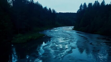 Wall Mural - tranquil river winds through a dense forest at twilight, reflecting the blue evening sky. capturing 