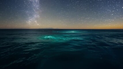 Wall Mural - Bioluminescent phytoplankton glows on ocean waves at twilight under a starry night sky, creating a magical blue and green light on the water