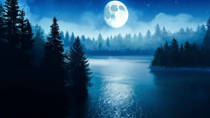 Wall Mural - full moon is shining over a misty lake in the middle of a forest at night, with the moonlight reflec
