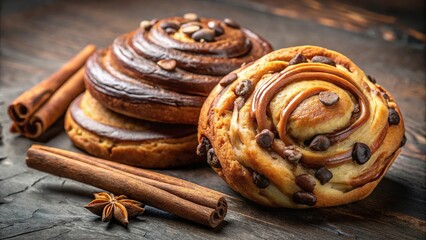 Sweet pastry and delicious dessert with croissant, cinnamon roll, and chocolate cookie