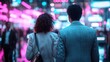 © Dulemegapixel - A stylish couple is seen from behind walking confidently through a neon-lit urban environment, surrounded by vibrant, futuristic aesthetic elements.