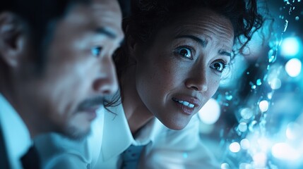 Two professionals deeply engrossed in a discussion, set against a backdrop of vivid abstract lights, highlighting intensity and interaction in a modern workspace.