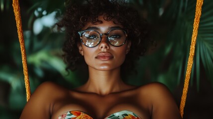 A woman with curly hair and trendy glasses sits on a swing, wearing an elegant floral top, surrounded by lush green foliage, embracing nature’s serenity and style.