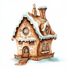 Charming gingerbread house adorned with snow frosting and intricate icing details.