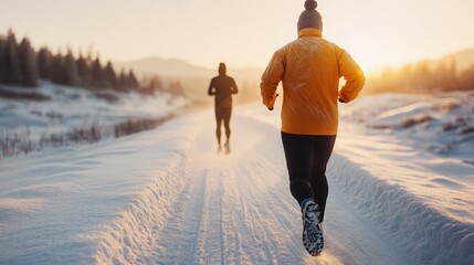 Two individuals jog on a snow-covered trail during a breathtaking winter sunrise, encapsulating the essence of grit, determination, and tranquility in nature.