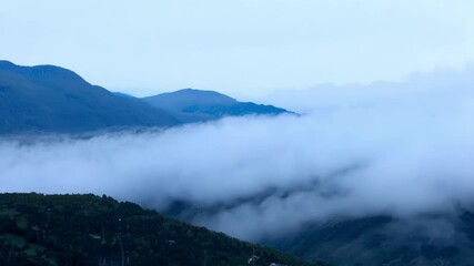 Wall Mural - Foggy valley nestled among tall mountains, with blue hues blending into green forests under a peaceful sky. Sunrise mist adds wonder to the serene scene