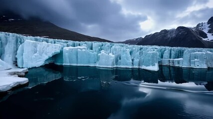 Wall Mural - Beautiful glacier lagoon is reflecting on the calm water of a lake under a dramatic cloudy sky. The mountains in the background add to the majestic atmosphere of the scene