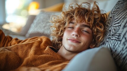 A young man relaxes comfortably on a couch with a cozy sweater, enjoying a peaceful afternoon indoors