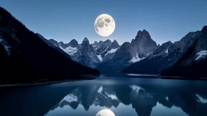 Wall Mural - The full moon shines on a mountain reflected in a calm lake at night, creating a serene landscape perfect for a tranquil desktop wallpaper