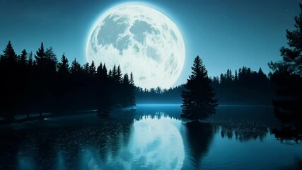 Wall Mural - Serene night sky reflected in calm waters, surrounded by a dense forest, with moonlight casting a gentle glow over the peaceful landscape