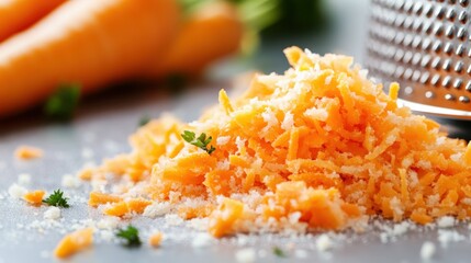 This close-up image captures a pile of finely grated carrots next to a metal grater, highlighting the texture and vivid color on a smooth white background.