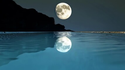Wall Mural - full moon rises over a rocky cliff, reflecting in calm ocean waters, enveloped in night tranquility 