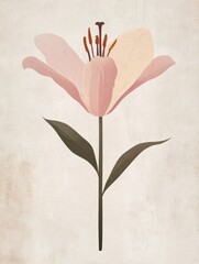 Wall Mural - A single pink flower stands upright, showcasing its subtle petals and green leaves, set against a muted beige backdrop