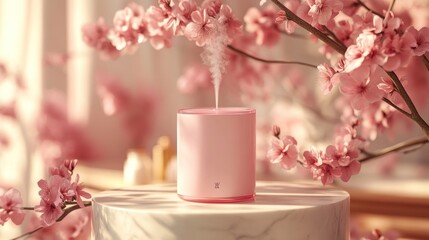 a pink diffuser emits steam amidst delicate cherry blossoms, creating a serene ambiance.